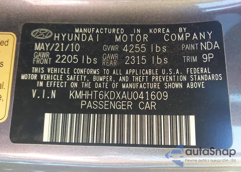 2010 Hyundai Genesis 2.0T Track z USA, uszkodzony, nr VIN KMHHT6KDXAU041609